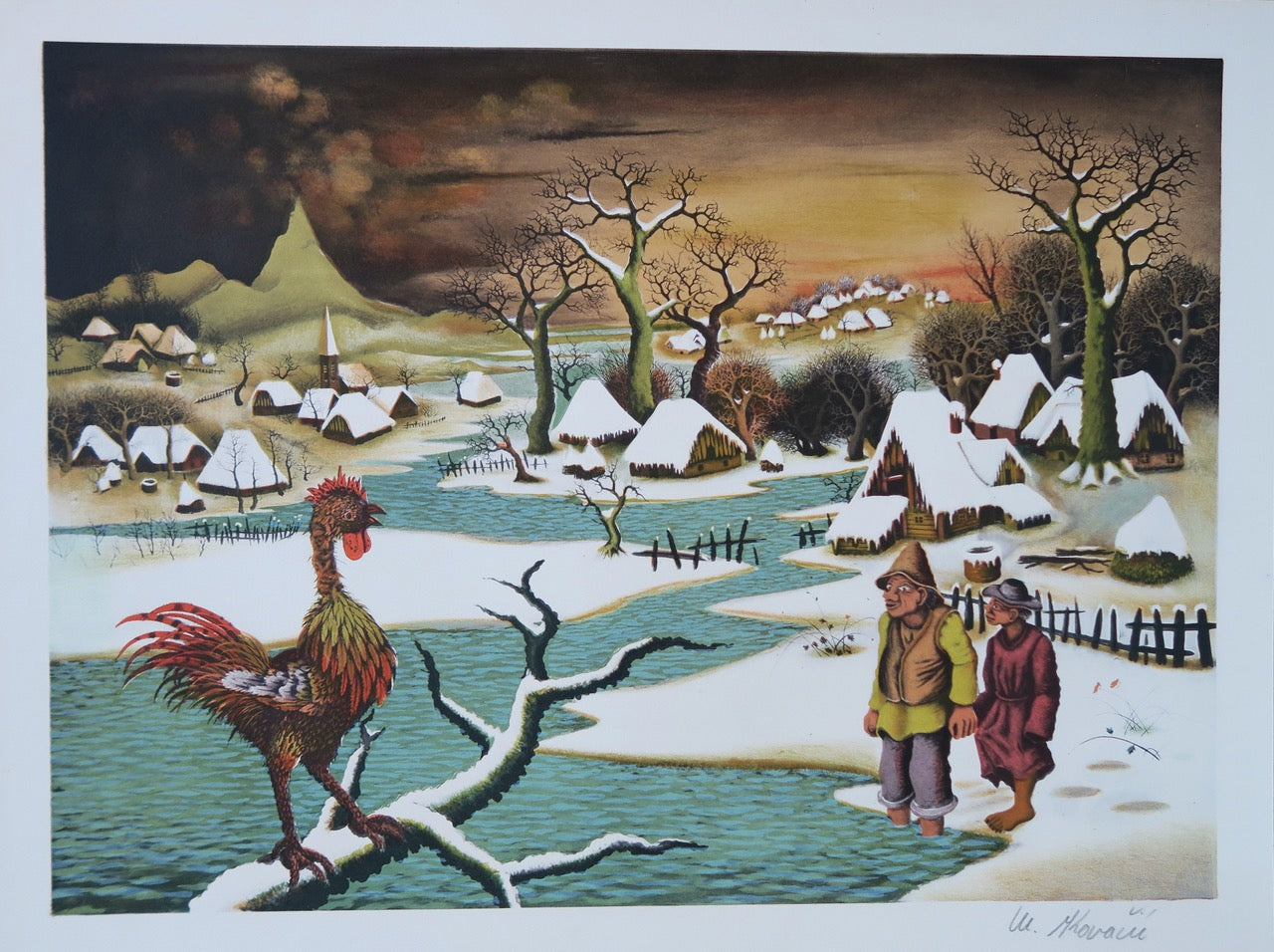 Mijo Kovacic (1935) - Winter village landscape with a rooster